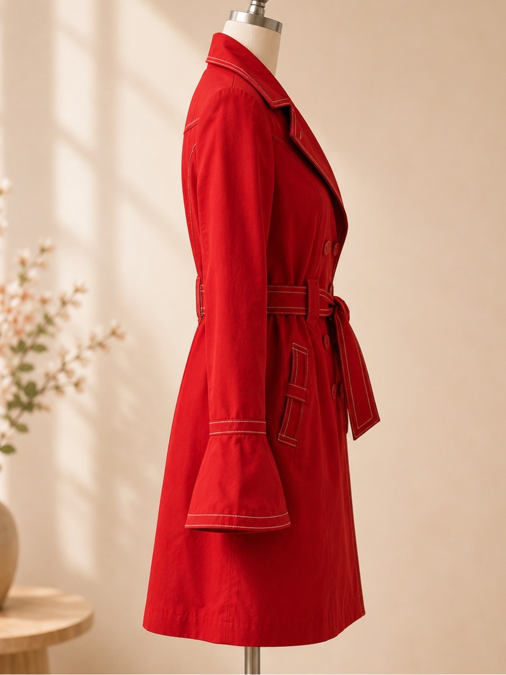 Laundry By Design Red Coat Bell Sleeve Trench Jacket Belted Cotton Fabulous - Picture 4 of 13